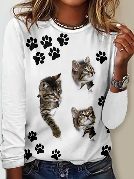 

Woman ‘S CAT Regular Fit Crew Neck Casual Shirt, White, Long sleeves