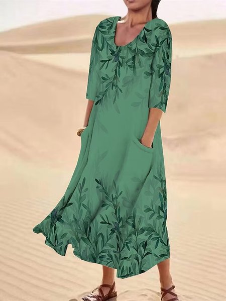 

Crew Neck Loose Floral Casual Dress, Green, Dresses