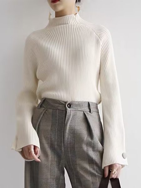 

Plain Half Turtleneck Urban Long Sleeve Sweater, White, Sweaters
