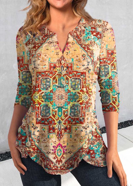 

Stand Collar Ethnic Casual T-Shirt, Khaki, T-Shirts