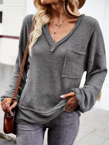 

Loose Casual V Neck T-Shirt, Gray, T-Shirts