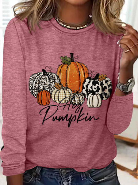 

Women's Vintage Hey Pumpkin Leopard Crew Neck Casual Long Sleeve Shirt, Pink, Long sleeves