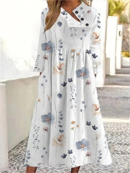 

Stand Collar Floral Casual Dress, White, Dresses