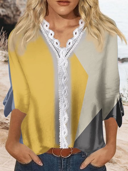 

Loose Abstract Casual V Neck Shirt, Color8, Shirts & Blouses