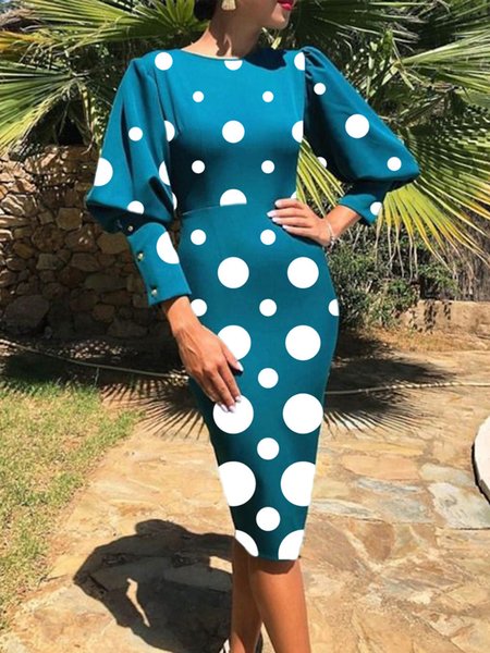 

Elegant Regular Fit Polka Dots Crew Neck Lantern Sleeve Dress, Blue, Midi Dresses
