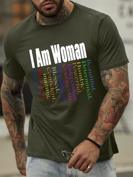 

Men’s I Am Woman Casual Text Letters T-Shirt, Army green, T-shirts