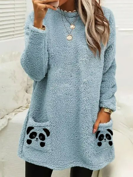 

Round Neck Casual Loose Panda Fleece Sweatshirt, Blue, Dresses