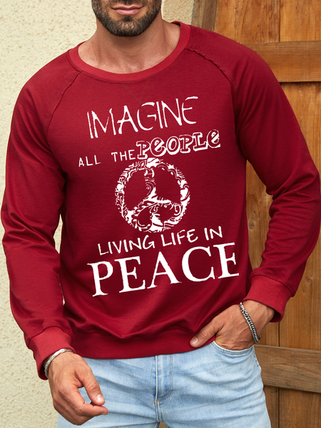

Men's Imagine all people living in peace Text Letters Casual Crew Neck Sweatshirt, Red, Hoodies&Sweatshirts