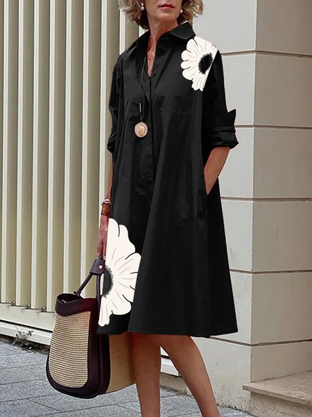 

Urban Shirt Collar Long sleeve Regular Fit Dress, Black, Midi Dresses