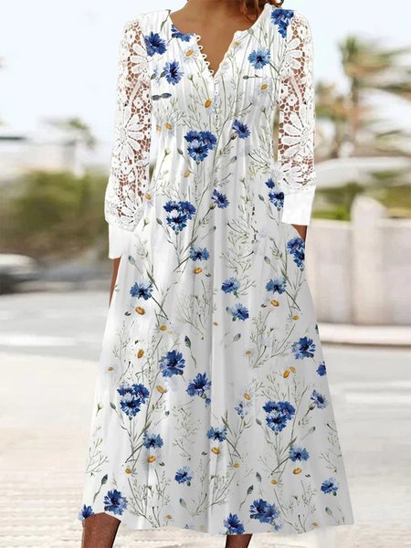 

Floral Buttoned Elegant Dress, Blue, Dresses