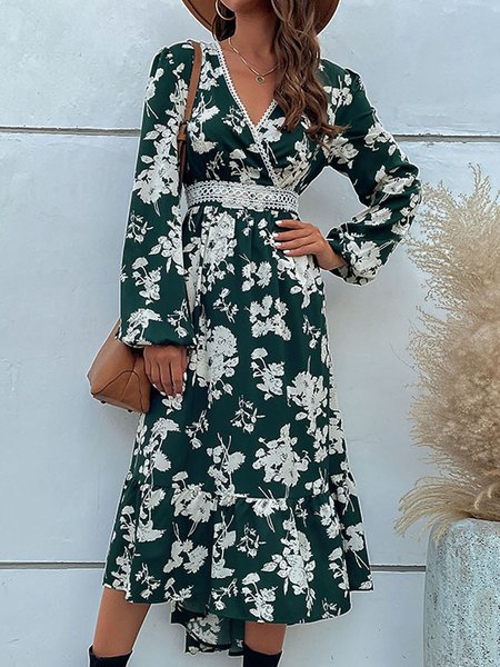 

Women Floral V Neck Long Sleeve Comfy Vintage Maxi Dress, Darkgreen, Midi