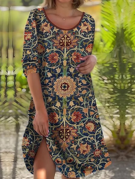 

Casual Loose Ethnic Crew Neck Dress, Yellow brown, Dresses