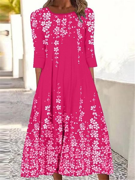 

Loose Crew Neck Casual Floral Dress, Rose red, Dresses