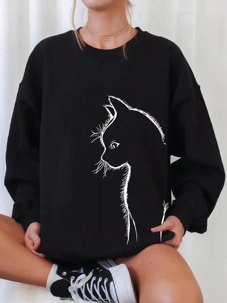 

Crew Neck Casual Loose Sweatshirt, Black, Sweatshirts & Hoodies