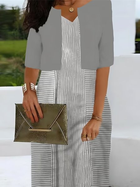 

Striped V Neck Loose Casual Two-Piece Set, Gray, Suit Set