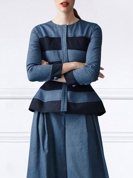 

Regular Fit Color Block Crew Neck Denim Coat, Blue, Jackets