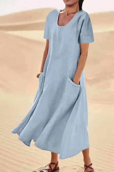 

JFN cotton Solid Color Loose Casual Pocket Dress, Sky blue, Dresses