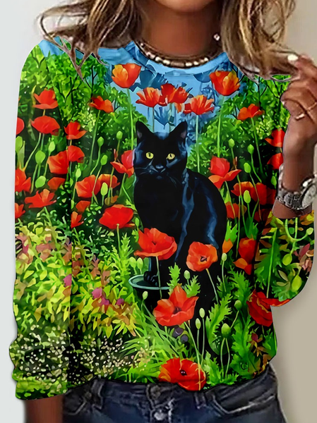 

Women's Black Cat Art Print Casual Crew Neck Shirt, As picture, Long sleeves