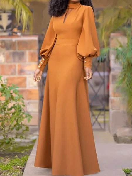 

Half Turtleneck Regular Fit Urban Plain Dress With No Belt, Yellow brown, Maxi Dresses