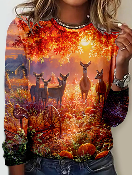 Women's Art Print Crew Neck Casual Shirt, As picture, Long sleeves
