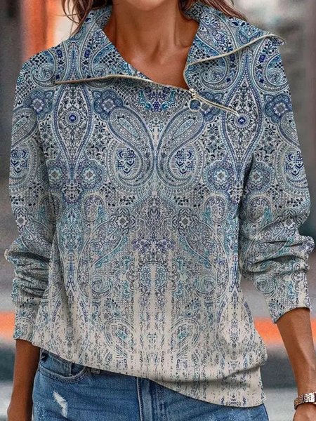 

Casual Paisley Loose Shawl Collar Sweatshirt, Blue, Sweatshirts & Hoodies