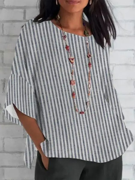 

Loose Casual Crew Neck Striped Shirt, Gray, Shirts & Blouses