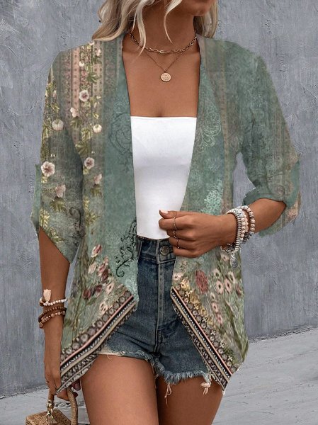 Ethnic Casual Lapel Collar Kimono, Green, Cardigans