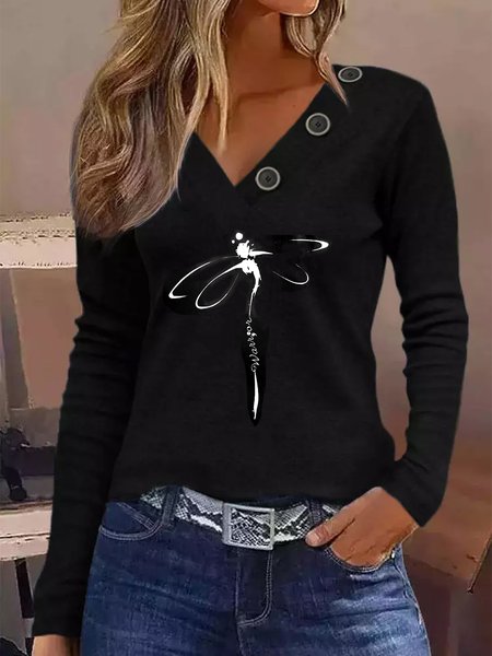 

V Neck Casual Loose Dragonfly T-Shirt, Black, T-Shirts