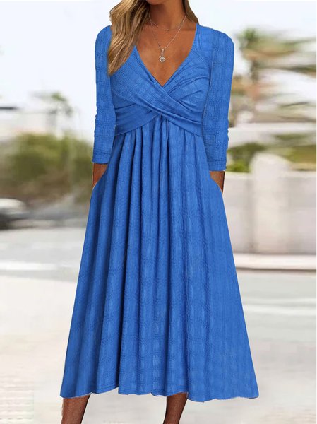 

V Neck Regular Fit Casual Dress, Blue, Dresses
