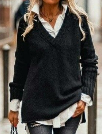 

V Neck Loose Casual Plain Sweater, Black, Sweaters
