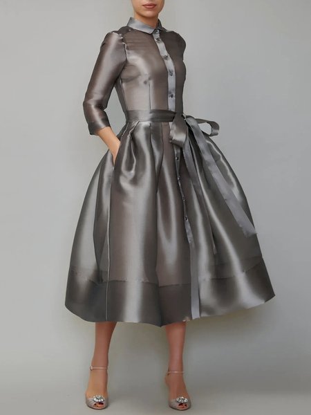 

Plain Elegant Shirt Dress With Inside And Belt, Gray, Midi Dresses