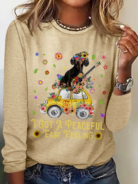 

Women's I Got A Peaceful Easy Feeling Women Old Hippie Casual Crew Neck Regular Fit Long Sleeve Shirt, Khaki, Long sleeves