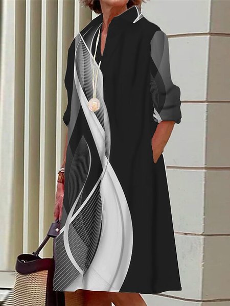 

Geometric Loose Casual Shawl Collar Dress, Black-white, Dresses