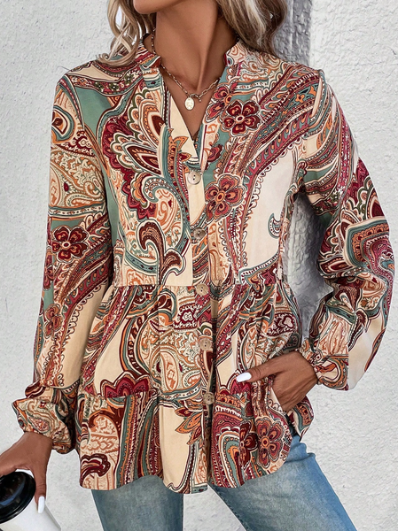 

Stand Collar Lantern Sleeve Casual Loose Shirt, Khaki, Shirts & Blouses