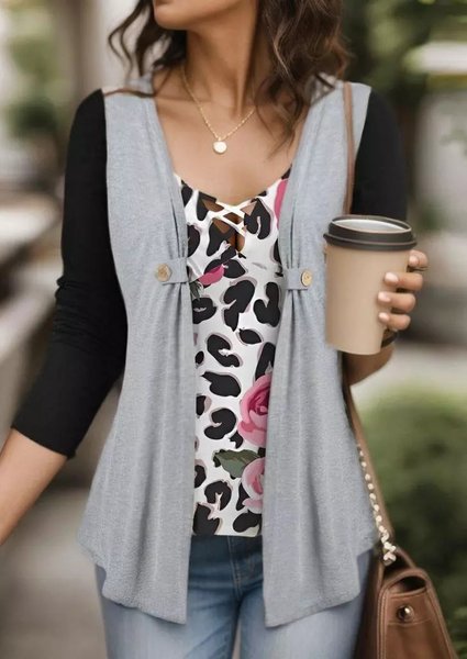 

Casual V Neck Color Block Loose T-Shirt, Black-grey, T-Shirts