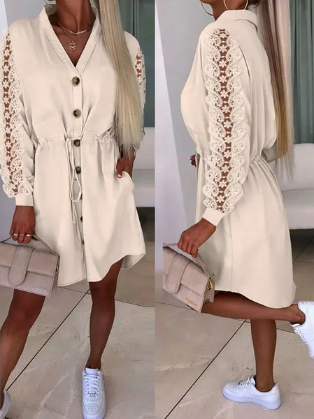 

Lace Plain Casual V Neck Dress With Belt, Apricot, Dresses