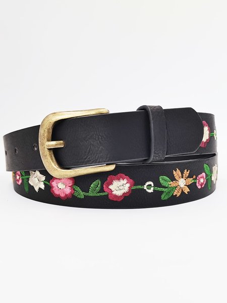 

Black Leather Floral Embroidery Women's Belt, Belts