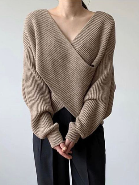 

Micro-Elasticity V Neck Loose Long Sleeve Urban Plain Sweater, Khaki, Sweaters