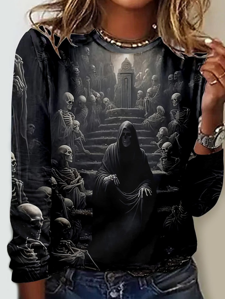 

Women's Halloween Skull Crew Neck Casual Shirt, Black, Long sleeves