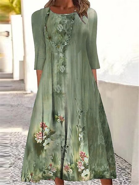 

Casual Loose Floral Crew Neck Dress With No, Green, Dresses