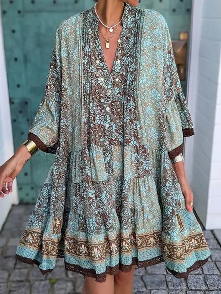 

Ethnic Casual V Neck Loose Dress, Green, Dresses