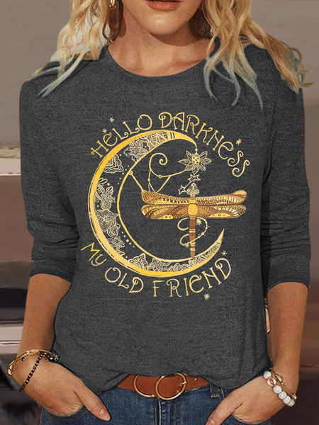 

Women's Hello darkness my old friend Painting Casual Cotton-Blend Dragonfly Long Sleeve Shirt, Gray, Long sleeves