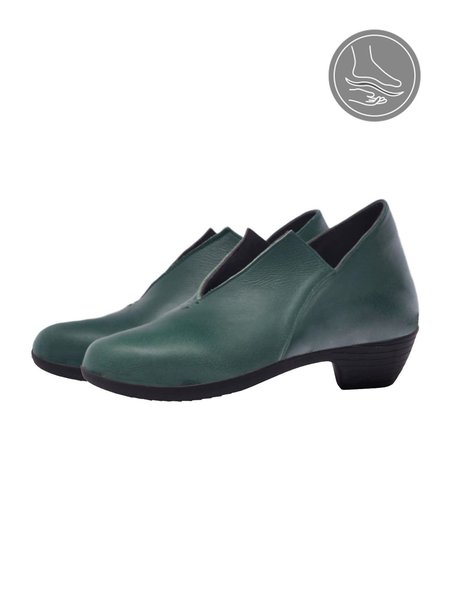

Dark Green Leather V-shaped Collar Special Chunky Heels, Flats