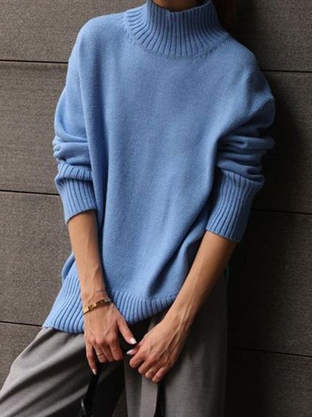 

Casual Yarn/Wool Yarn Loose Turtleneck Sweater, Blue, Sweaters