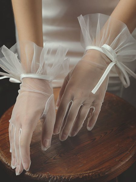

Bridal Wedding Date Party White Mesh Bow Ribbon Gloves, Gloves