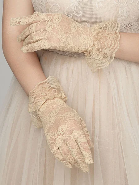 

Bridal Wedding Date Party Halloween Lace Mesh Gloves, Nude, Gloves