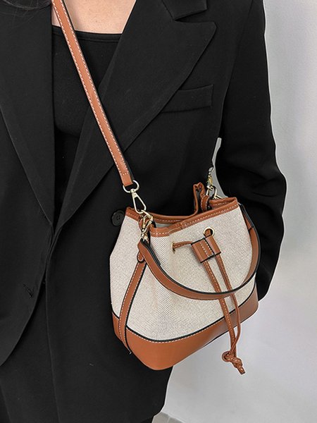 

Leather Canvas Stitching Contrast Color Casual Bucket Bag, Brown, Women's Bags