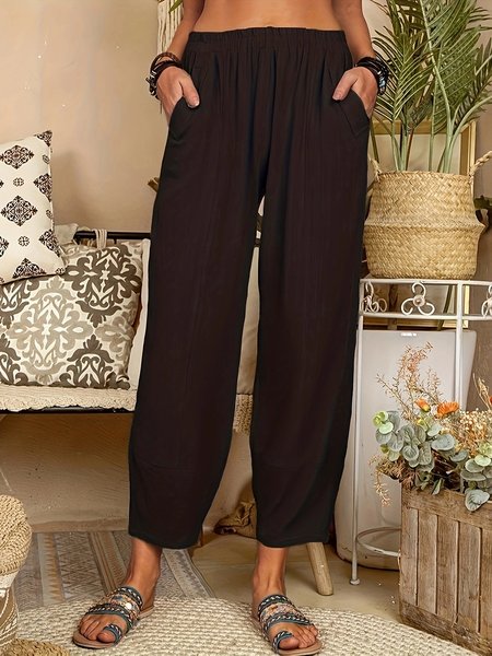 

Casual Cotton And Linen Plain Pants, Black, Pants