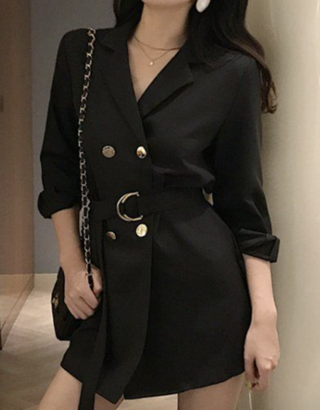 Plain Long Sleeve Casual Lapel Collar Buckle Blazer, Black, Blazers