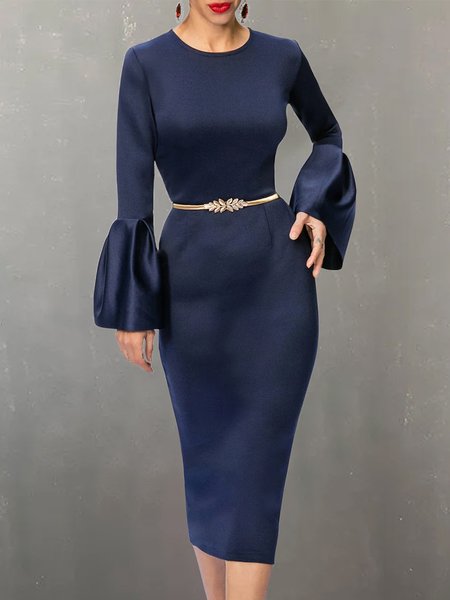 

Plain Crew Neck Elegant Regular Fit Dress, Dark blue, Midi Dresses